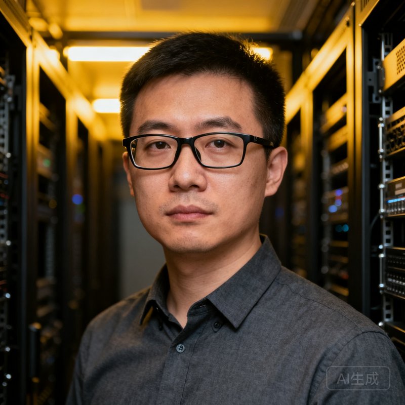腾讯体育技术总监陈志远的半身肖像照，他戴着黑框眼镜，身穿深灰色衬衫，背景是服务器机房，展现技术领导者的沉稳与专业